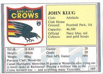 1992 AFL Regina #169 John Klug Back